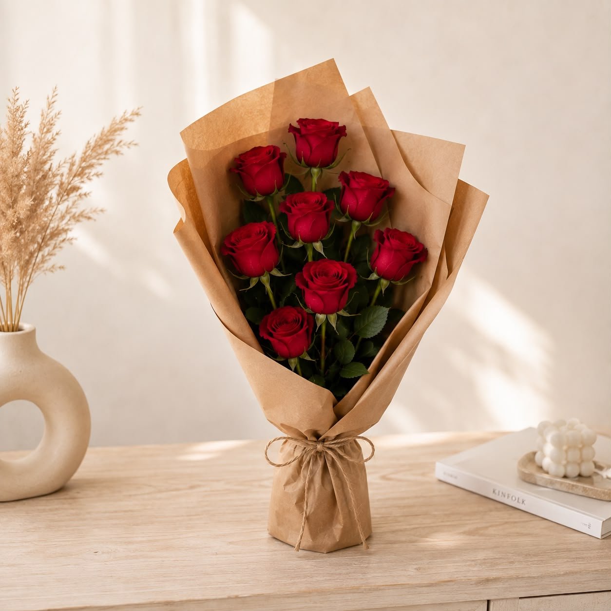 Elegant Fresh 8 Red Rose Flower Flat Bouquet