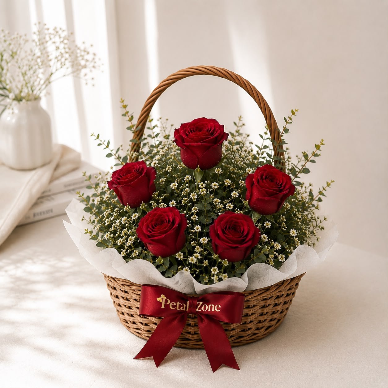 Elegant Fresh 5 Red Roses Flower Basket Bouquet