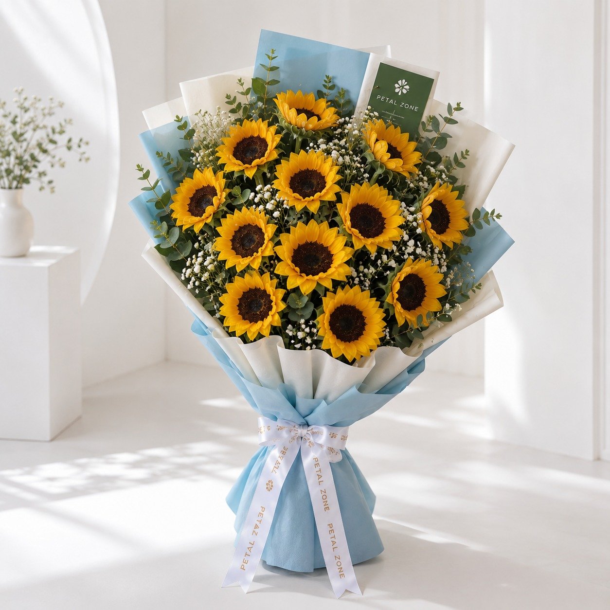 Sunshine Celebration – 12 Sunflower Flat Bouquet