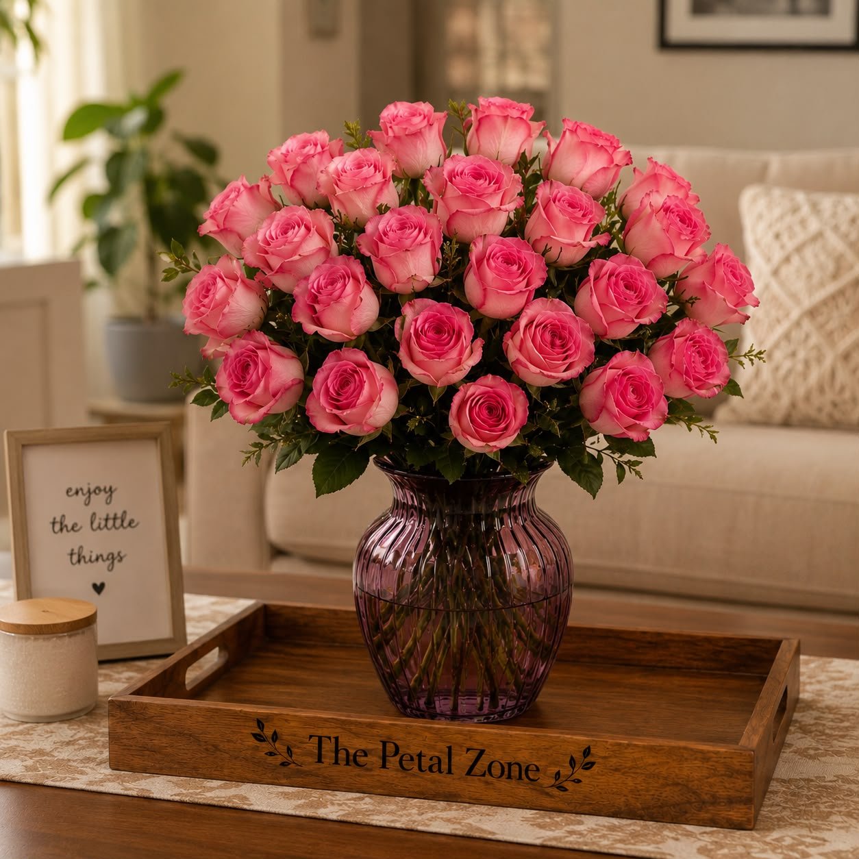 Elegant Fresh 25 Shaded Pink Rose Flower Vase Wooden Tray