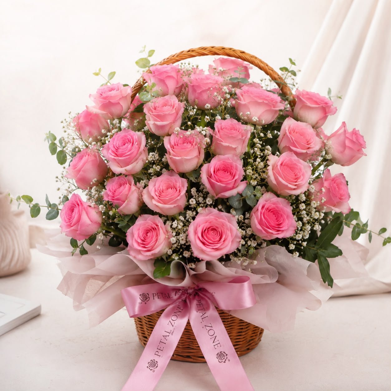 Elegant Fresh 25 Pink Roses Flower Basket Bouquet
