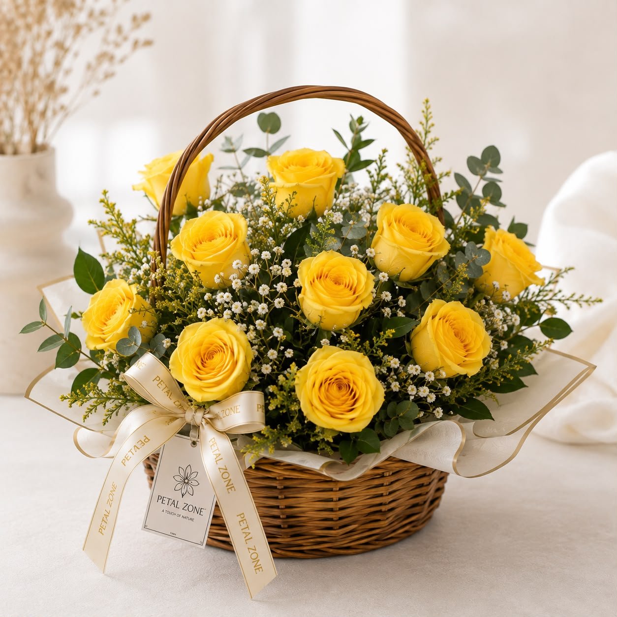 Elegant Fresh 12 Yellow Roses Flower Basket Bouquet
