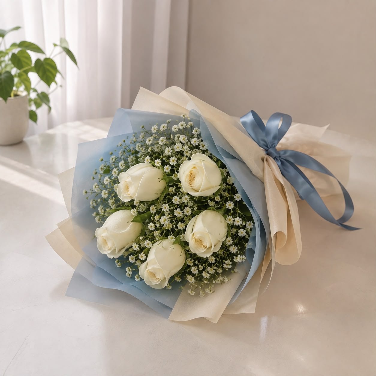 Elegant Fresh 5 White Roses Flower Flat Bouquet 2
