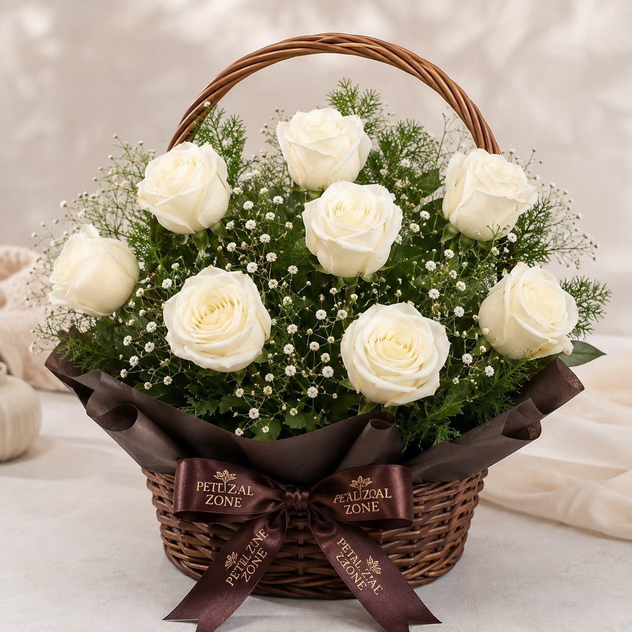 Elegant Fresh 8 White Roses Flower Basket Bouquet 2