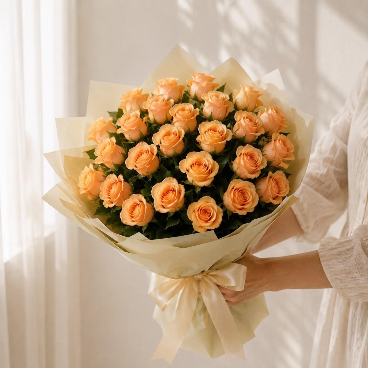 Elegant Fresh 25 Orange Roses Flower Flat Bouquet 2