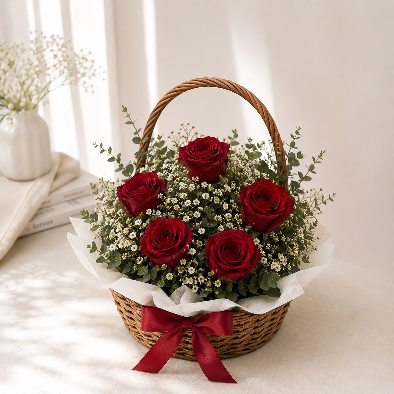 Elegant Fresh 5 Red Roses Flower Basket Bouquet 3