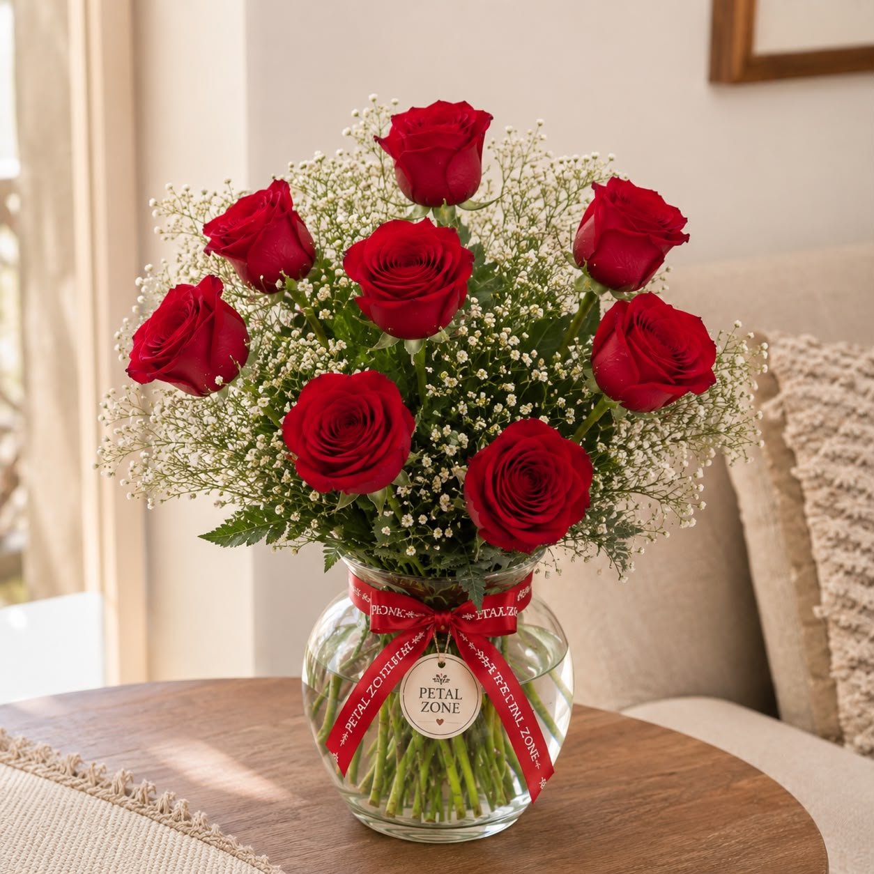 Elegant Fresh 8 Red Rose Flower Vase