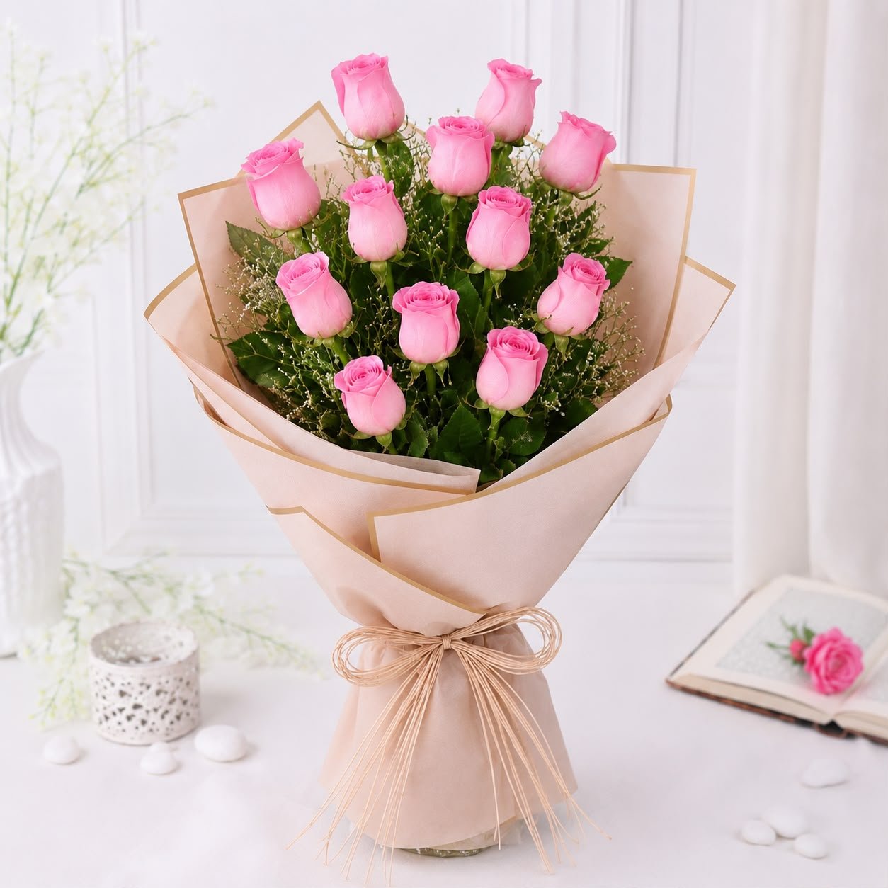 Elegant Fresh 12 Roses Flower Flat Bouquet