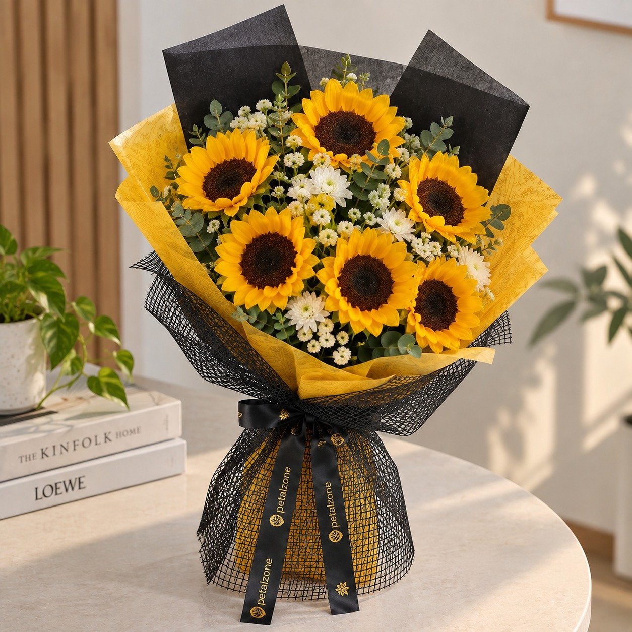 Sunshine Charm – 6 Sunflower Flat Bouquet